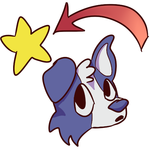 a blue dog looking up at a star passing over its head with a red arrow trailing behind